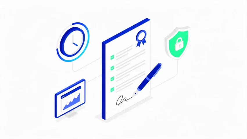 Ilustración isométrica de un contrato de servicio con cláusulas verificadas, sello y pluma de firma, junto a un reloj de cobertura 24×7, un escudo con candado y un monitor de seguridad.
